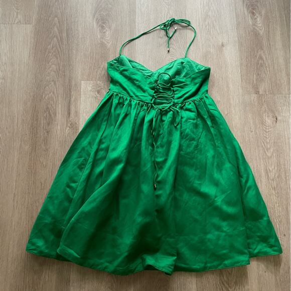 mon renn willow green lace up back halter neck fit & flare mini summer dress NEW - Picture 5 of 9